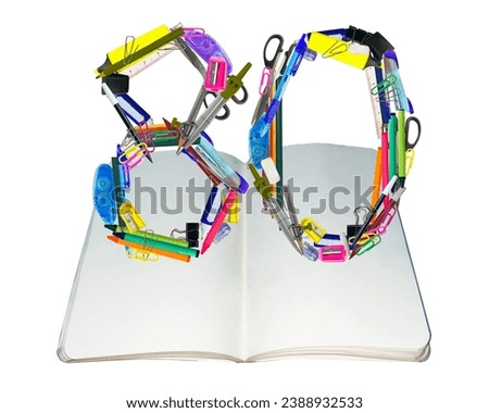 The shape of the number 80 is made of various kinds of stationery isolated on transparent background