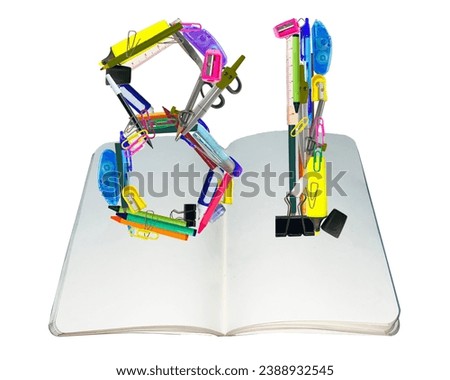 The shape of the number 81 is made of various kinds of stationery isolated on transparent background