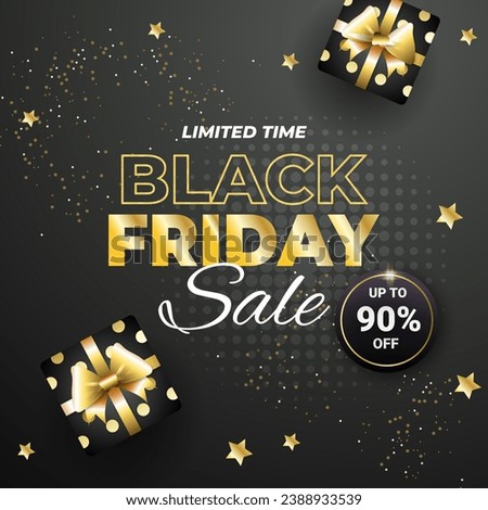 Gradient Black Friday Sale With Golden Gift Design In 3d Banner With Discount Up to 90% off. Vector illustration. Limited Time. Black Friday Sale banner template design for social media and website. Royalty-Free Stock Photo #2388933539