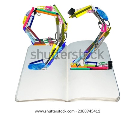The shape of the number 92 is made of various kinds of stationery isolated on transparent background