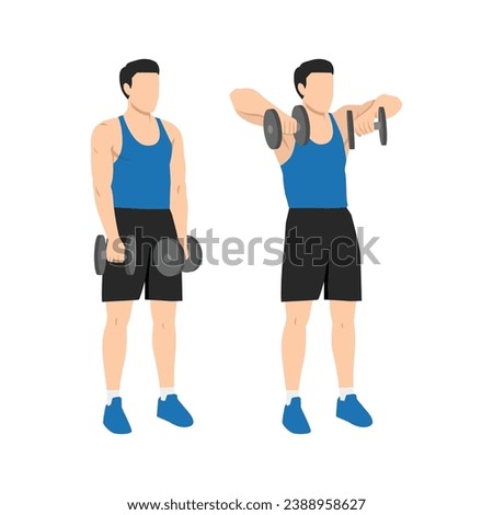 Man doing upright dumbbell rows exercise. Flat vector illustration isolated on white background Royalty-Free Stock Photo #2388958627