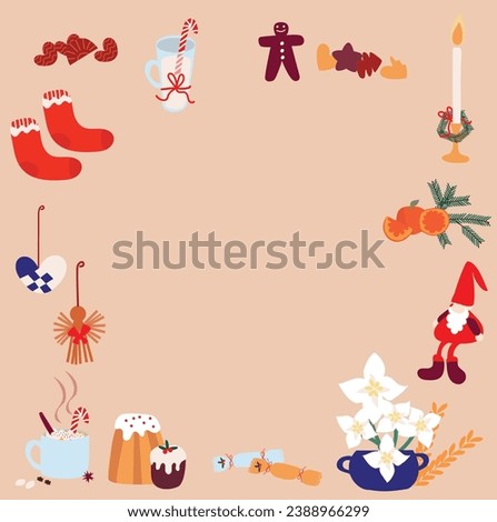 Christmas clip art vector images, gingerbread house, candle, milk for santa, nutcracker and poinsettia.