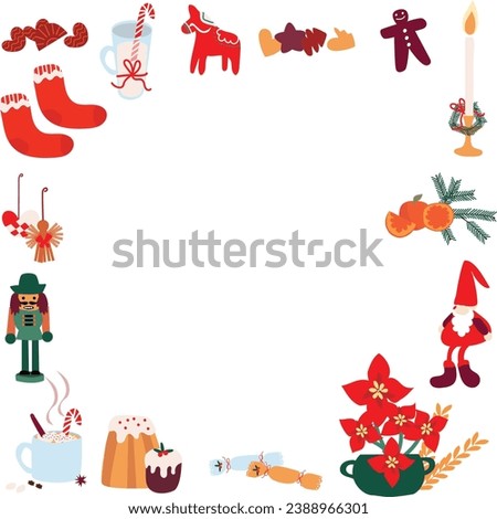Christmas clip art vector images, gingerbread house, candle, milk for santa, nutcracker and poinsettia.