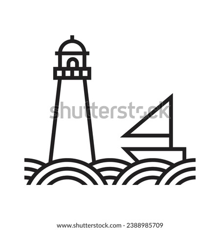 simple outline of a lighthouse and a boat on the shore logo vector Royalty-Free Stock Photo #2388985709
