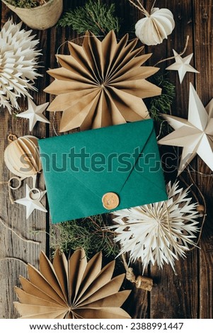 Christmas envelope on a Christmas background in rustic eco style