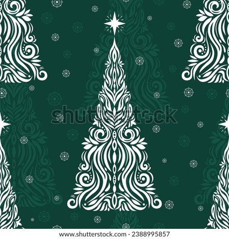 Seamless pattern of decorative Christmas tree, star, openwork snowflake. Hand drawn ornamental holiday elements. Happy New Year vector illustration for greeting card, wallpaper, wrapping paper, fabric