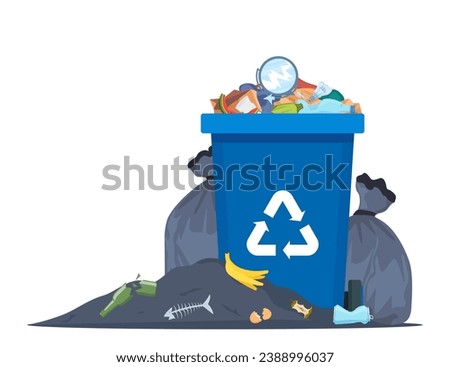 Overflowing trash can. Food garbage in waste bin with nasty smell. Rubbish dump and trash recycling, black bags with trash. Vector illustration Royalty-Free Stock Photo #2388996037