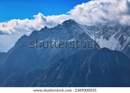 Mt. Maehotaka in the Northern Alps wrapped in boiling clouds in Japan