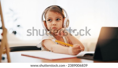 Thinking, kid on headphones and education, writing in book and homework for homeschool on tablet. Elearning, virtual class and idea of girl child on internet, studying and online lesson for knowledge