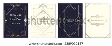 Art deco wedding invitation. Retro decorative label with geometric shapes and floral ornaments for wedding invitation postcard. Vector set. Premium card with filigree golden lines on dark light colors