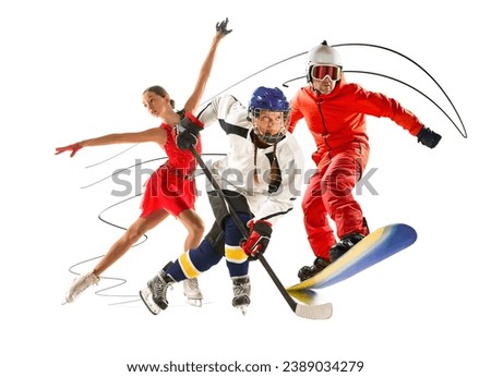 Different people of diverse age and gender, hockey, ice skating and skateboarding athletes in motions isolated over white background. Concept of sport, competition, achievements, event, game