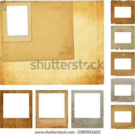 Slide with set old paper in scrapbooking style on transparent isolated background