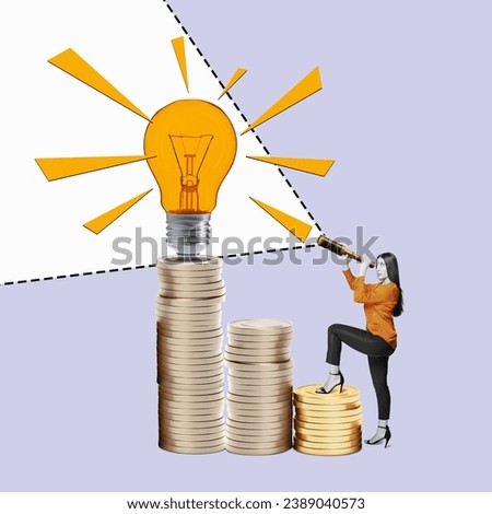 Art collage. Woman with a telescope looks up to light bulb. Successful defeat competition concept. Creative Ideas Forward Concept.