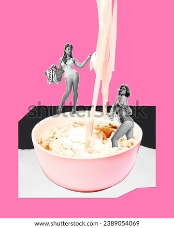 Beautiful young girl in retro swimsuits standing on plate with instant noodles against pink background. Contemporary art collage. Concept of food, creativity, imagination, surrealism, pop art style