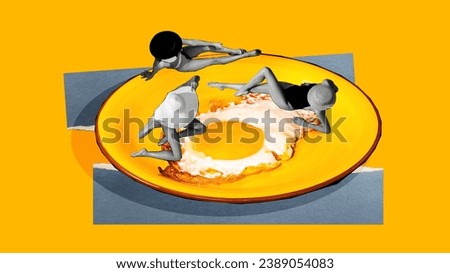 Elegant young women in swimsuit and hats lying on plate with fried eggs over yellow background. Contemporary art collage. Concept of food, creativity, imagination, surrealism, pop art style