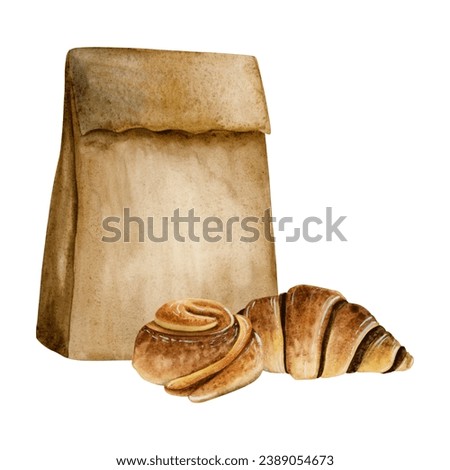 Chocolate croissant, cinnamon roll bun and paper craft bag watercolor illustration isolated on white background for breakfast and coffee break designs