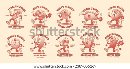 Cartoon mascot fast food. Comic 70s mascot contour character. Groovy logo fries, hamburger, donut, coffee and walking tacos. Retro fun meal with face, hands and leg vector set. Tasty sandwich