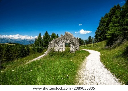 view of the ruins of the Austro-Hungarian World War II fort Dosso Delle Somme at the Folgaria plateau in Trentino Alto Adige Italy Europe Royalty-Free Stock Photo #2389055835