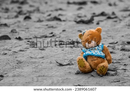 Teddy bear sitting alone on the bench in the park, looking at the distance Royalty-Free Stock Photo #2389061607
