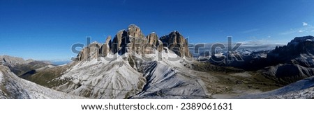 Incredible panoramic view: Sasso Piatto group mountain range on a sunny day, freshly snowed. Perfect place for hiking, skiing an rock climbing in gardena valley, south tyrol, italy