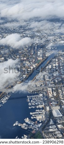 sky view of Seattle city and seaport, near Tacoma airport 