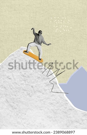 Collage artwork minimal picture of funny excited guy enjoying xmas vacation riding snowboard isolated graphical background