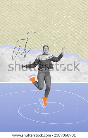 Collage artwork graphics of funky carefree lady enjoying x-mas vacation skating isolated painting background