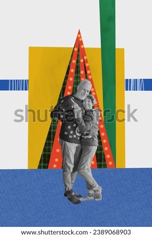 Picture sketch collage image of charming smiling senior couple hugging enjoying x-mas time isolated creative background
