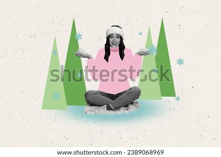 Collage artwork graphics picture of funny excited lady sitting snow enjoying xmas atmosphere isolated painting background