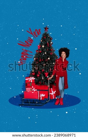 Collage 3d pinup pop retro sketch image of dreamy lady holding sledges xmas presents isolated blue color background