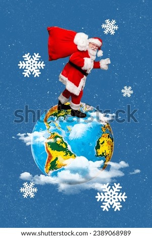 Collage picture of happy funky santa claus delivering globe planet x-mas presents isolated blue color background