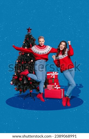 Exclusive magazine picture sketch collage image of smiling carefree ladies enjoying xmas party isolated blue color background