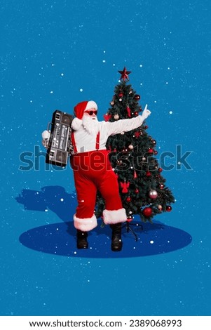 Photo collage artwork minimal picture of cool funky santa listening boom box x-mas songs isolated blue color background
