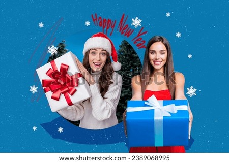 Artwork magazine collage picture of smiling charming ladies giving x-mas presents isolated blue color background