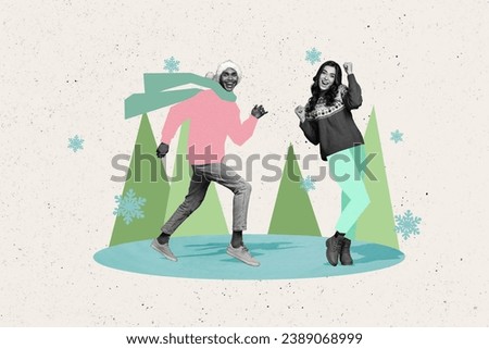 Creative magazine collage image of funky lucky guy lady walking enjoying xmas tine isolated beige color background