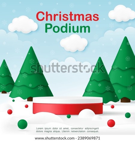 3D Merry Christmas product display cylinder stand podium banner. Happy New Year Xmas tree on snow background for baby online, clothes toy shop, kid fashion discount promotion sale, social media post