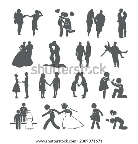 Vector illustration of isolated silhouettes of lovers. Gray gradient silhouettes of women and men on a white background.