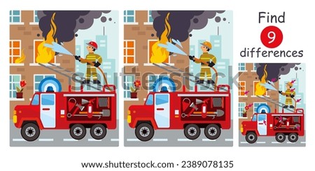 Cartoon firefighter extinguishing house fire with water from hose. Fire truck with equipment and tools. Find differences, education game for children. Flat vector illustration. Royalty-Free Stock Photo #2389078135