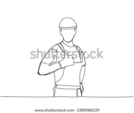 Satisfied builder in working uniform, protective overalls, hard hat, safety one line art. Continuous line drawing of repair, professional, hand, people, concept, support, maintenance. Royalty-Free Stock Photo #2389080239