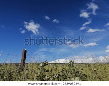 the picture shows a railway track with typical railway features. a blue sky with white clouds can be seen in the backround