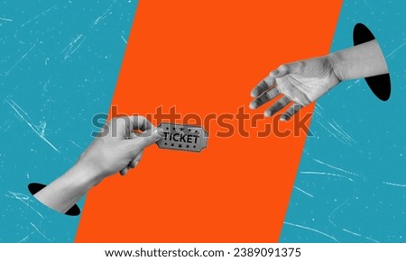 Art collage, the image of a hand with a ticket on a blue and orange background. The concept of youygresh or a ticket to the cinema and theater.