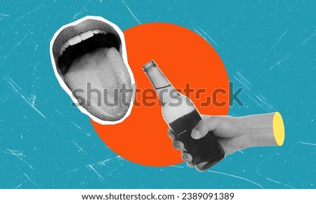Friday relaxing party. Contemporary art collage depicting a human hand with a bottle of beer and a woman's mouth. Festival concept, national traditions, taste, drinks, Oktoberfest. Royalty-Free Stock Photo #2389091389