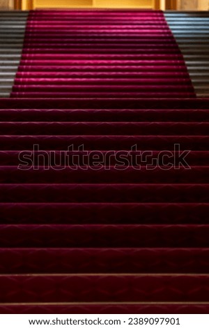 There is a red carpet on the marble staircase, government office, vertical photo.