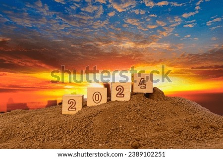 Concept happy new year,With number 2024  .On sky and sunrise backgrounds