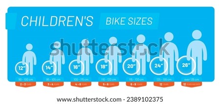 Vector infographic, determining the size of children's bikes according to the height of children. Isolated on white background.