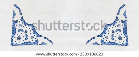 Beautiful white tablecloth with lace corners embroidered with cutwork on blue. Empty space for text. Blank frame. Close-up, top view, copy space, flat lay, mockup, panoramic view, banner
 Royalty-Free Stock Photo #2389106823