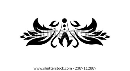 Abstract pattern, decorative element, clip art with stylized leaves, flowers and curls in black lines on white background. Central top ornament