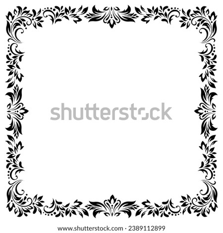 Square vintage frame, border of stylized leaves, flowers and curls in black lines on white background. Vector backdrop, wallpaper