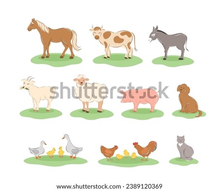 Farm animals. Cartoon animals collection: horse, cow, donkey, sheep, goat, pig, cat, dog, duck, goose, chicken, rooster. Vector illustration. 