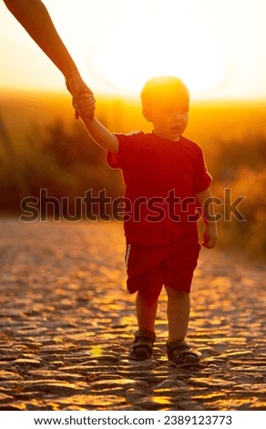 silhouette of small boy holding parent hand on stone road, mother with son walking outdoors at sunset